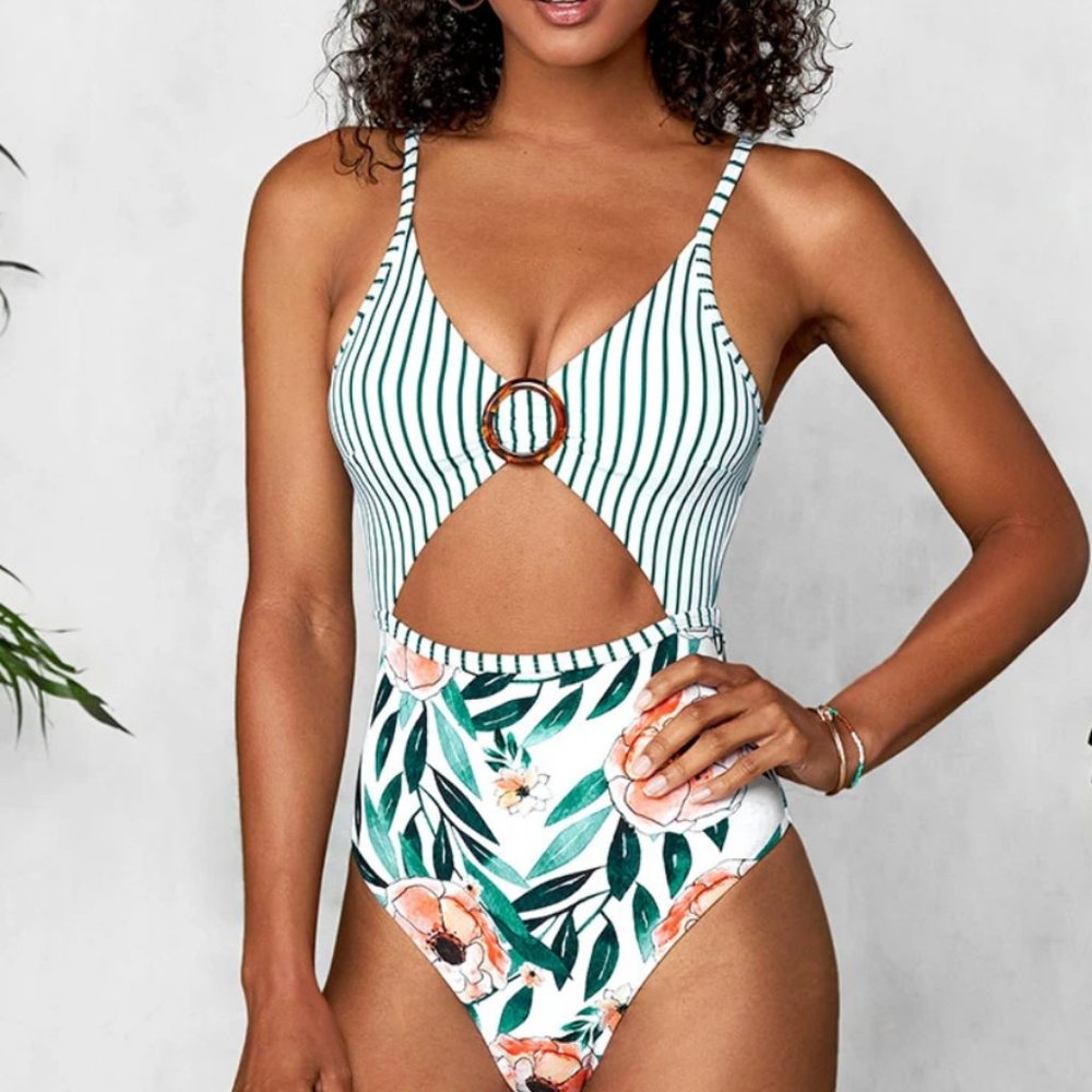 Striped and Floral O-Ring One-Piece Swimsuit